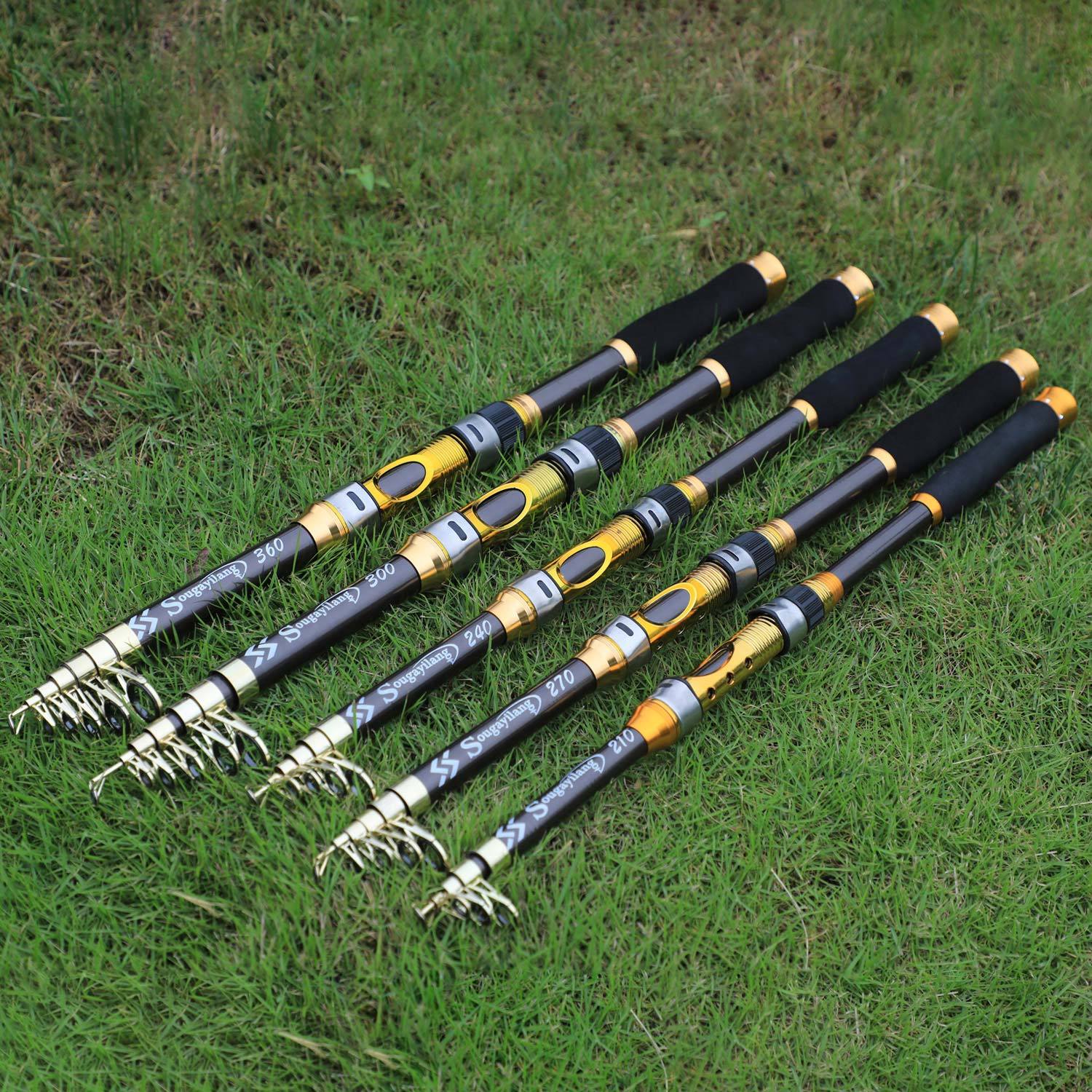 Sugaring Ultralight Carbon Fiber Spinning Fishing Rod - Portable, Medium Action, 6.72-9.84ft Extendable Length, Black & Golden with Comfort Grip Handle