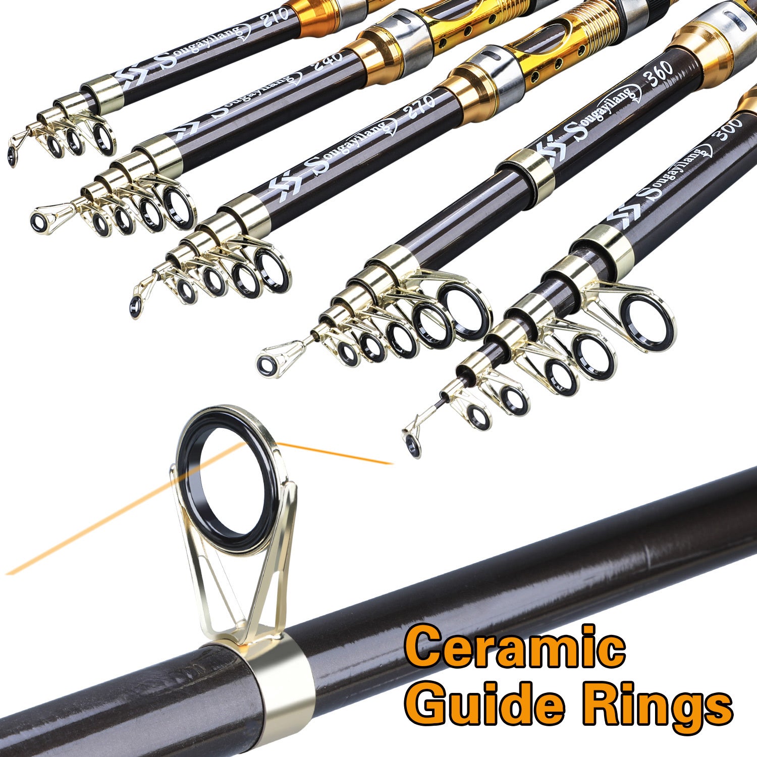 Sugaring Ultralight Carbon Fiber Spinning Fishing Rod - Portable, Medium Action, 6.72-9.84ft Extendable Length, Black & Golden with Comfort Grip Handle