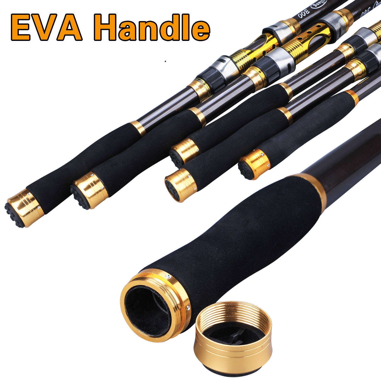 Sugaring Ultralight Carbon Fiber Spinning Fishing Rod - Portable, Medium Action, 6.72-9.84ft Extendable Length, Black & Golden with Comfort Grip Handle