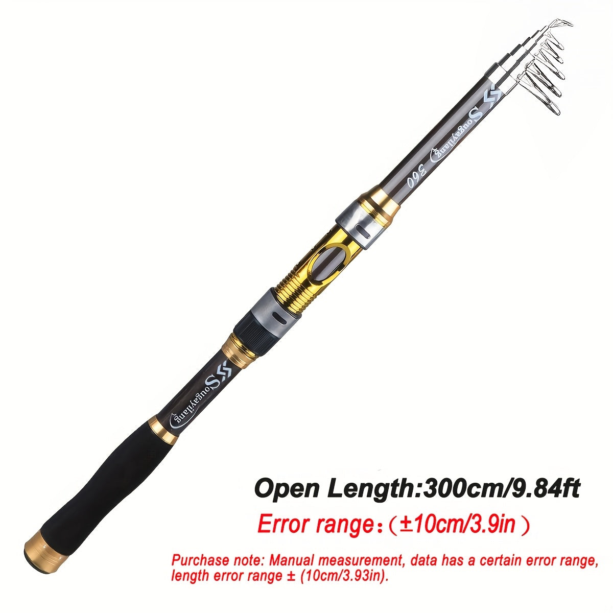 Sugaring Ultralight Carbon Fiber Spinning Fishing Rod - Portable, Medium Action, 6.72-9.84ft Extendable Length, Black & Golden with Comfort Grip Handle