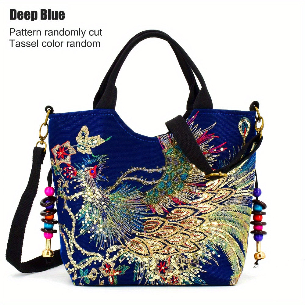Women ' Embroidered Satchel Bag, Fashion Double Handle Purse, Retro Style Handbag with Removable Strap