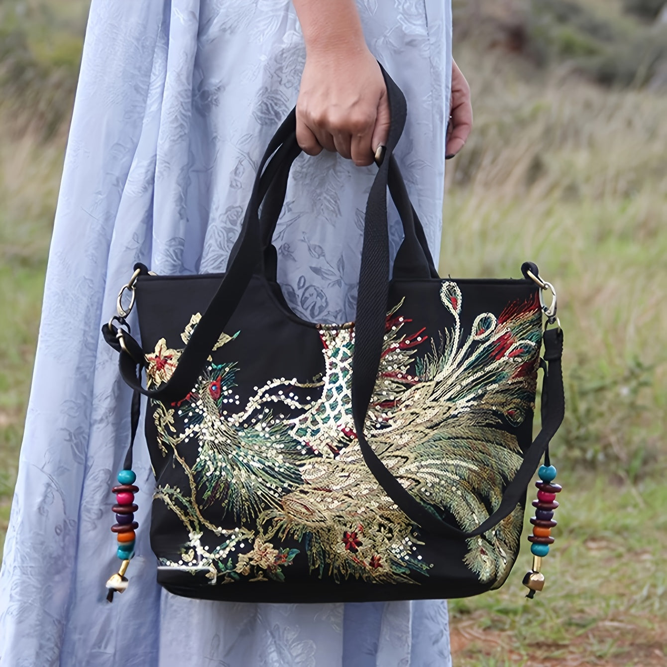 Women ' Embroidered Satchel Bag, Fashion Double Handle Purse, Retro Style Handbag with Removable Strap