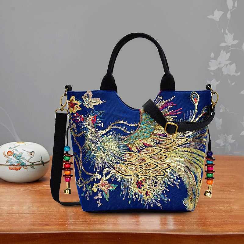 Women ' Embroidered Satchel Bag, Fashion Double Handle Purse, Retro Style Handbag with Removable Strap