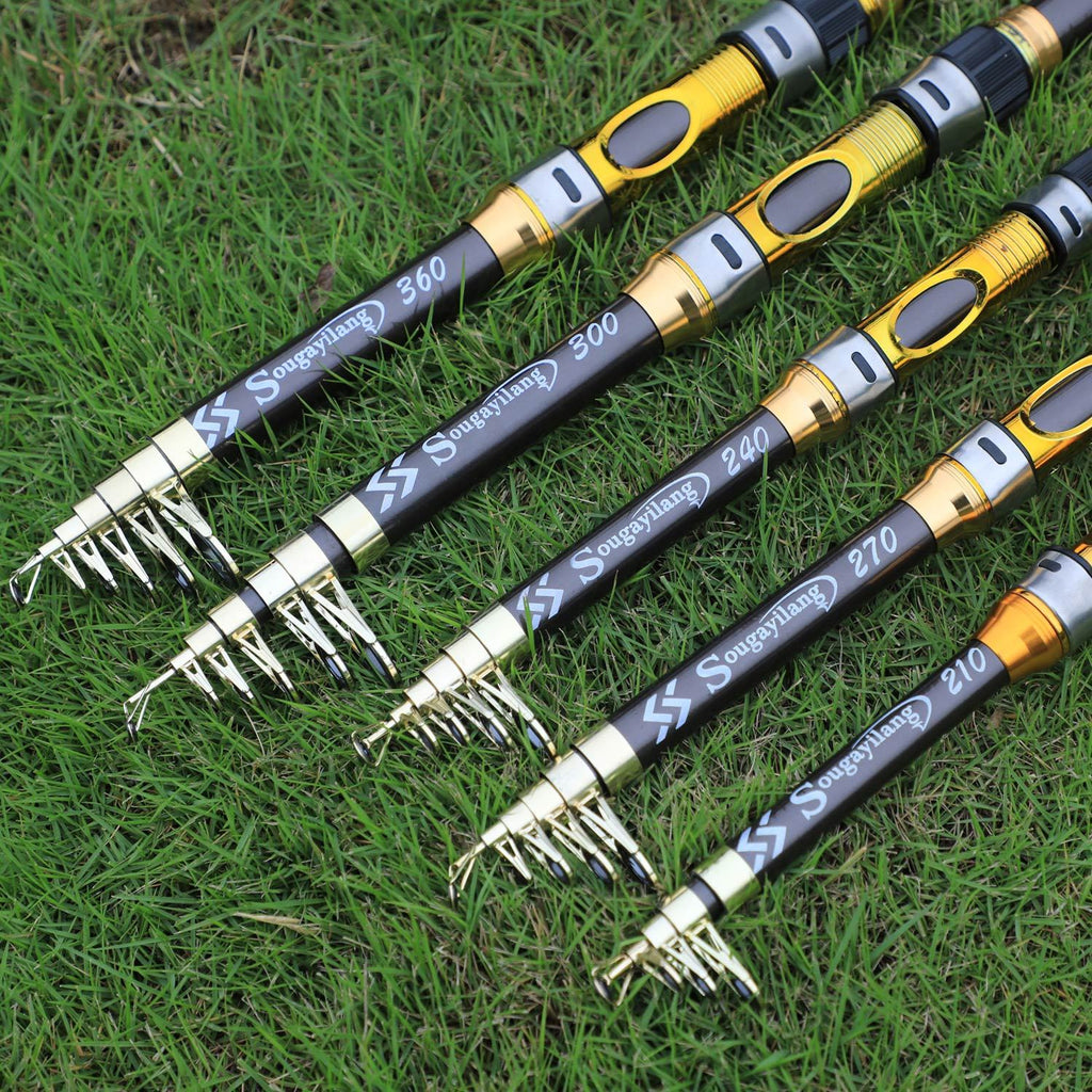 Sugaring Ultralight Carbon Fiber Spinning Fishing Rod - Portable, Medium Action, 6.72-9.84ft Extendable Length, Black & Golden with Comfort Grip Handle