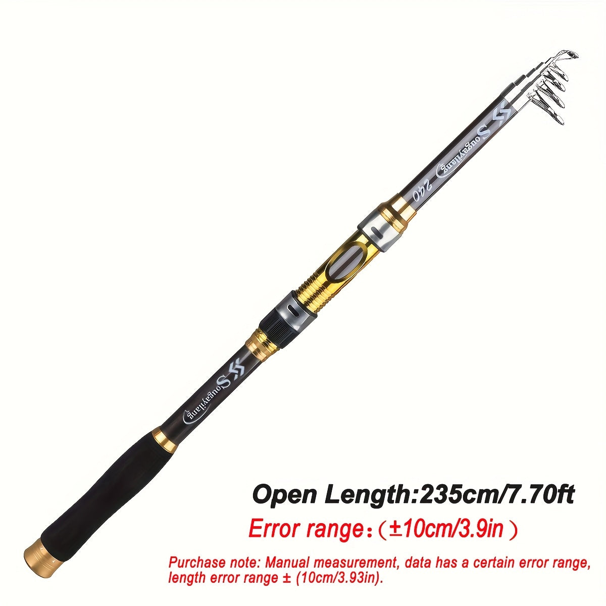 Sugaring Ultralight Carbon Fiber Spinning Fishing Rod - Portable, Medium Action, 6.72-9.84ft Extendable Length, Black & Golden with Comfort Grip Handle