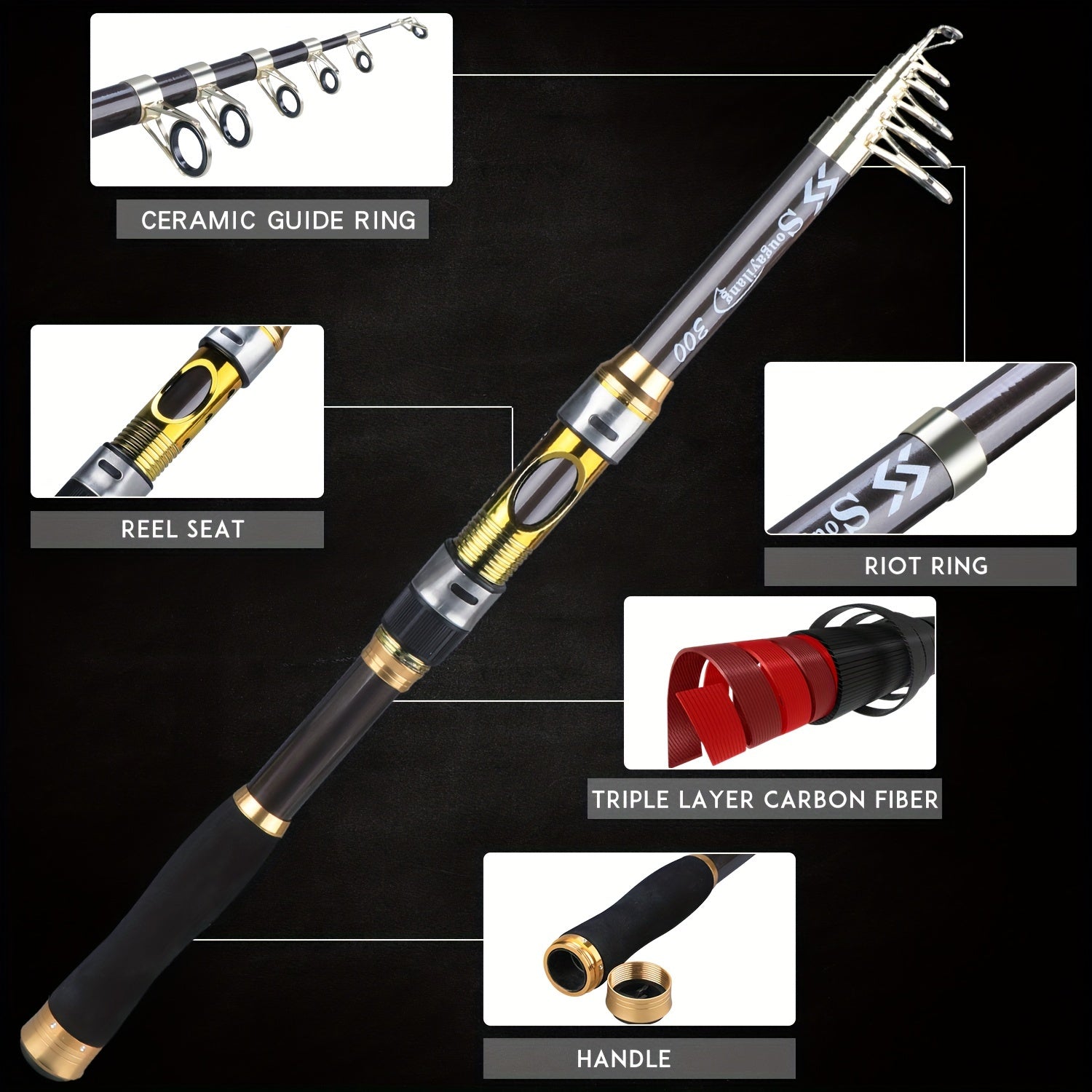 Sugaring Ultralight Carbon Fiber Spinning Fishing Rod - Portable, Medium Action, 6.72-9.84ft Extendable Length, Black & Golden with Comfort Grip Handle
