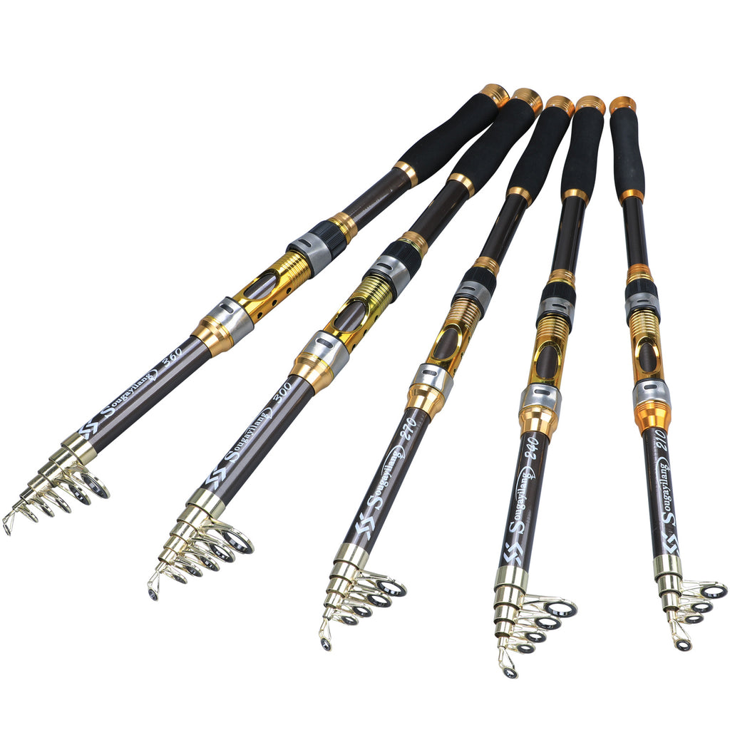 Sugaring Ultralight Carbon Fiber Spinning Fishing Rod - Portable, Medium Action, 6.72-9.84ft Extendable Length, Black & Golden with Comfort Grip Handle