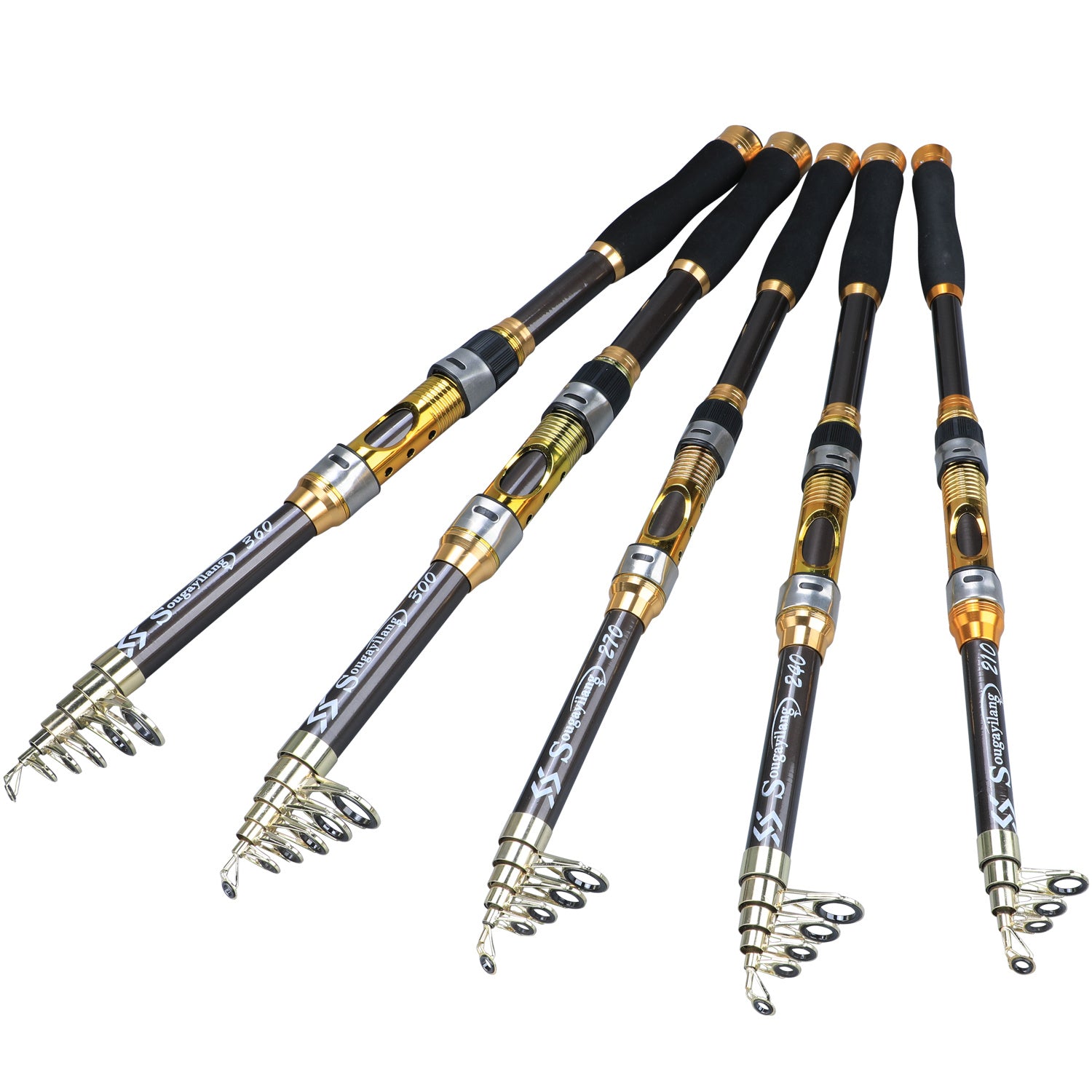 Sugaring Ultralight Carbon Fiber Spinning Fishing Rod - Portable, Medium Action, 6.72-9.84ft Extendable Length, Black & Golden with Comfort Grip Handle