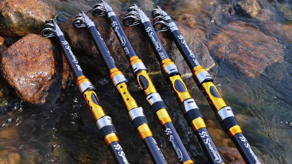 Sugaring Ultralight Carbon Fiber Spinning Fishing Rod - Portable, Medium Action, 6.72-9.84ft Extendable Length, Black & Golden with Comfort Grip Handle