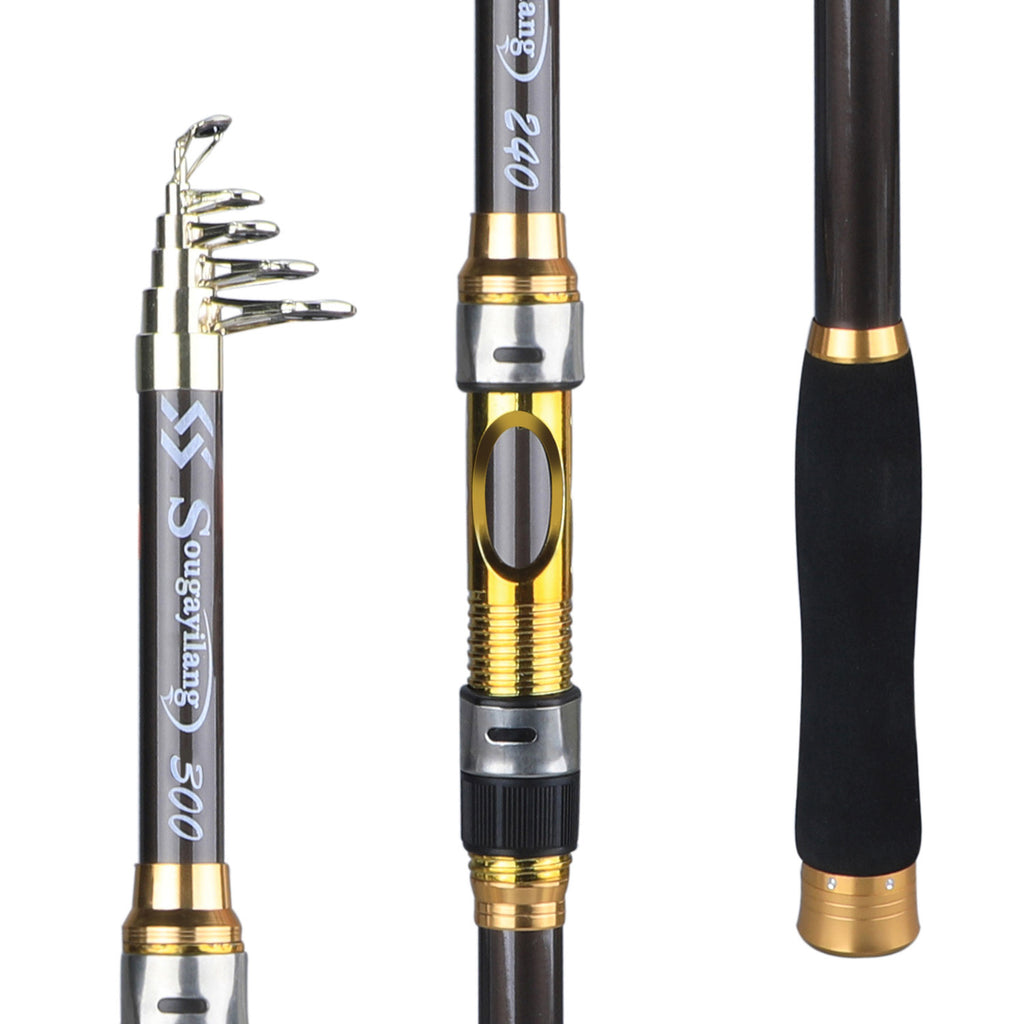 Sugaring Ultralight Carbon Fiber Spinning Fishing Rod - Portable, Medium Action, 6.72-9.84ft Extendable Length, Black & Golden with Comfort Grip Handle