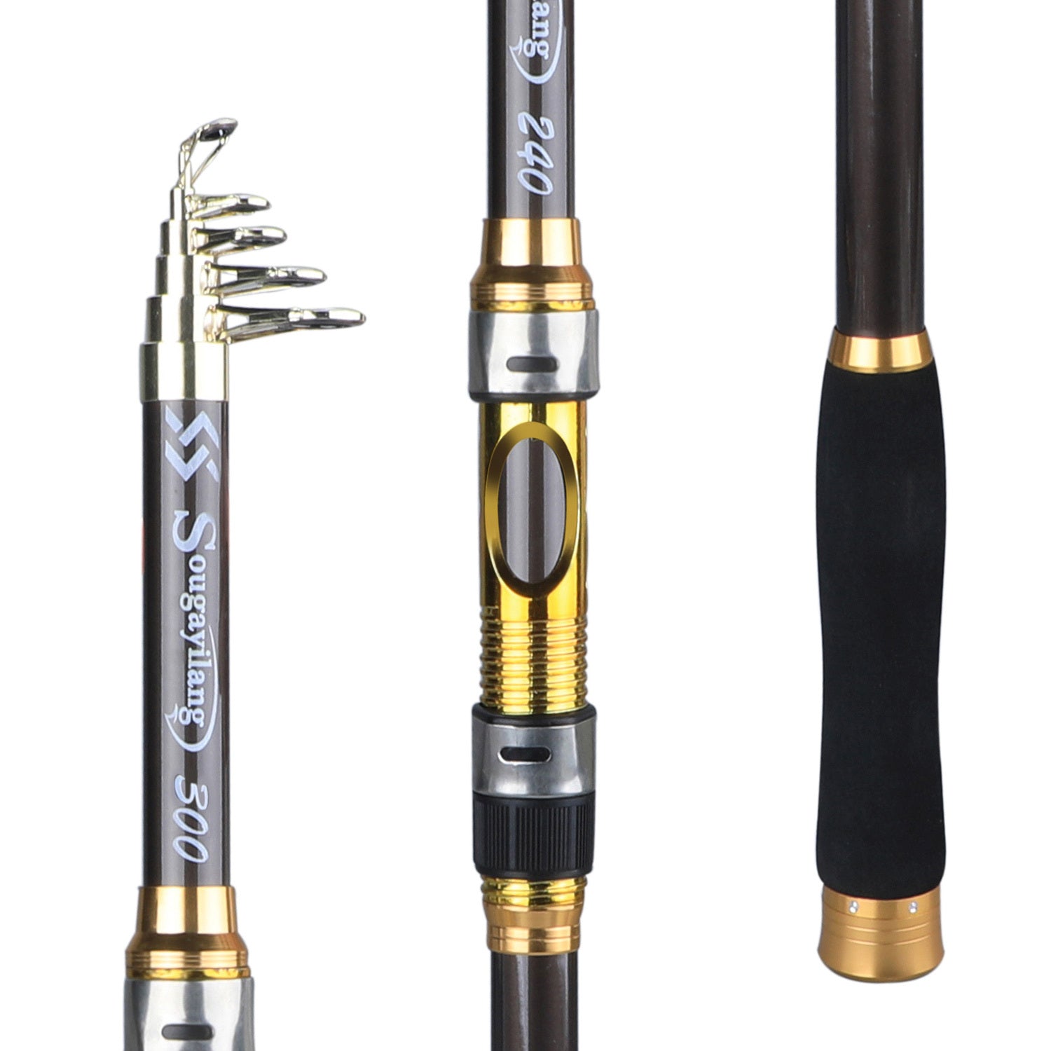 Sugaring Ultralight Carbon Fiber Spinning Fishing Rod - Portable, Medium Action, 6.72-9.84ft Extendable Length, Black & Golden with Comfort Grip Handle