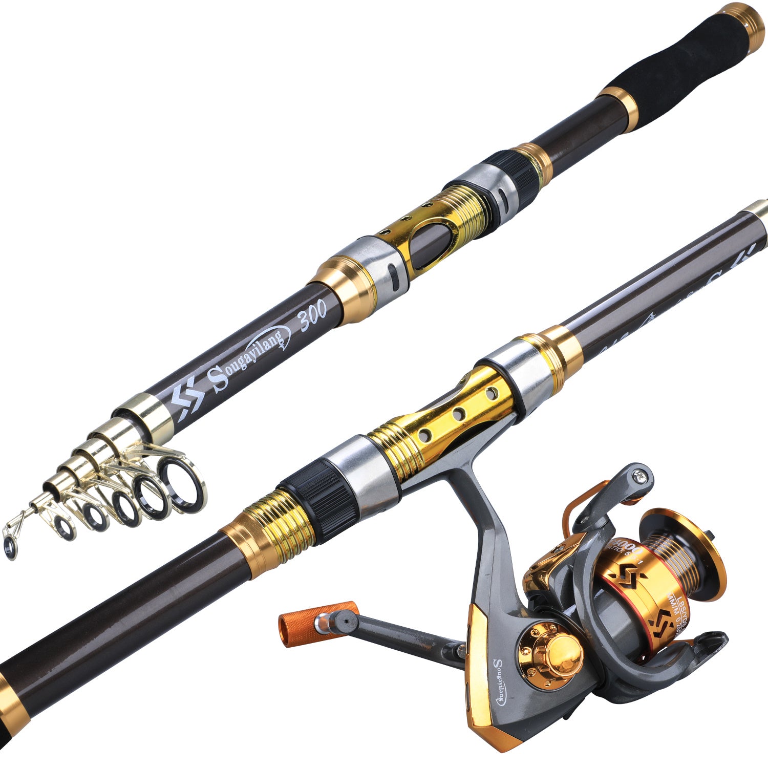 Sugaring Ultralight Carbon Fiber Spinning Fishing Rod - Portable, Medium Action, 6.72-9.84ft Extendable Length, Black & Golden with Comfort Grip Handle