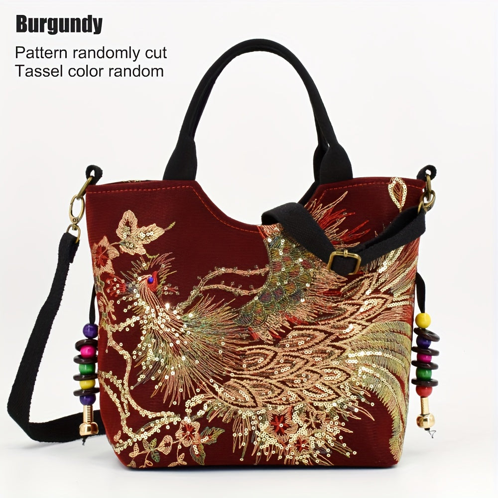 Women ' Embroidered Satchel Bag, Fashion Double Handle Purse, Retro Style Handbag with Removable Strap