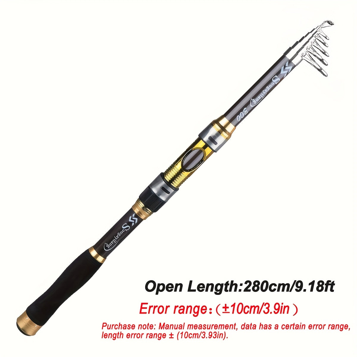 Sugaring Ultralight Carbon Fiber Spinning Fishing Rod - Portable, Medium Action, 6.72-9.84ft Extendable Length, Black & Golden with Comfort Grip Handle