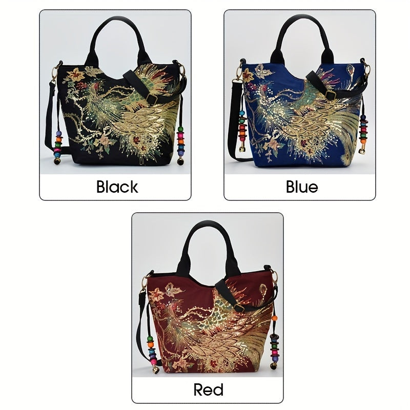 Women ' Embroidered Satchel Bag, Fashion Double Handle Purse, Retro Style Handbag with Removable Strap