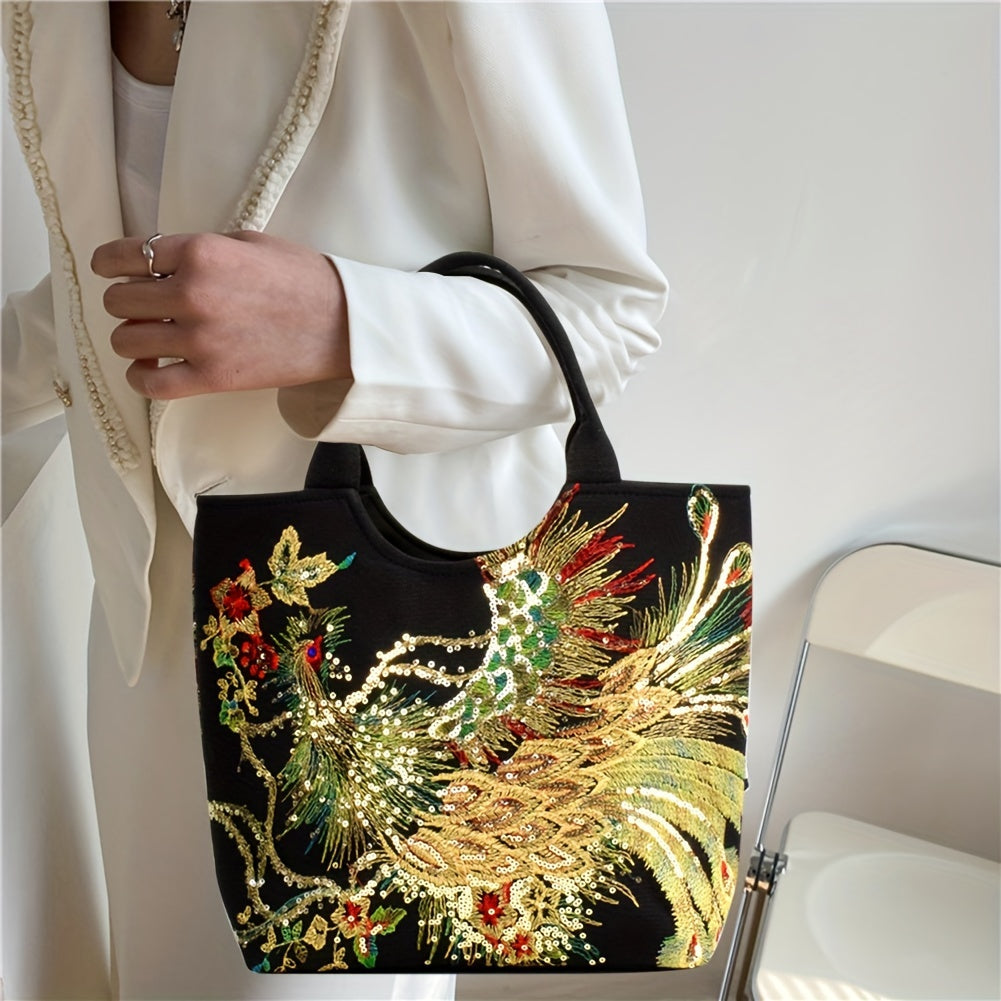 Women ' Embroidered Satchel Bag, Fashion Double Handle Purse, Retro Style Handbag with Removable Strap