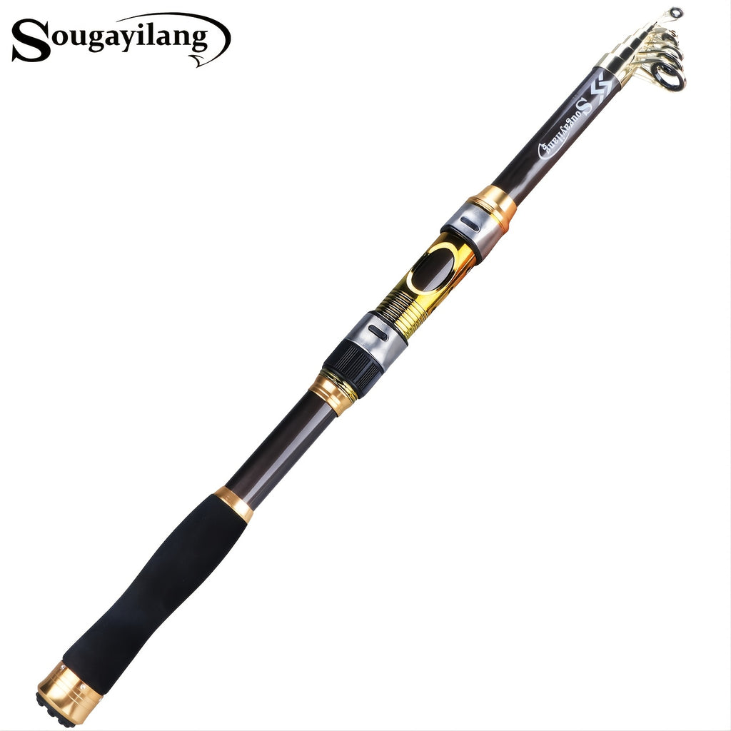 Sugaring Ultralight Carbon Fiber Spinning Fishing Rod - Portable, Medium Action, 6.72-9.84ft Extendable Length, Black & Golden with Comfort Grip Handle