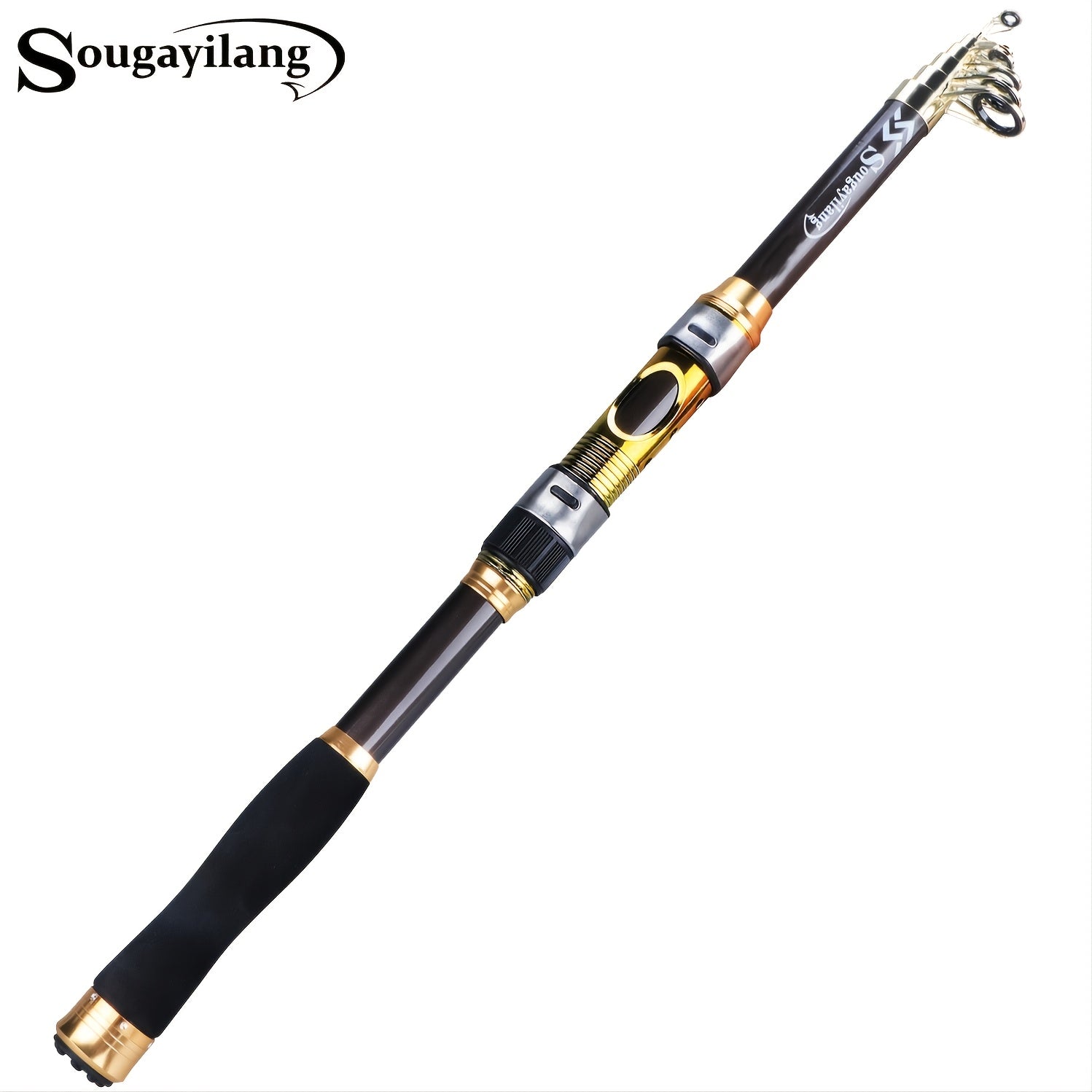 Sugaring Ultralight Carbon Fiber Spinning Fishing Rod - Portable, Medium Action, 6.72-9.84ft Extendable Length, Black & Golden with Comfort Grip Handle