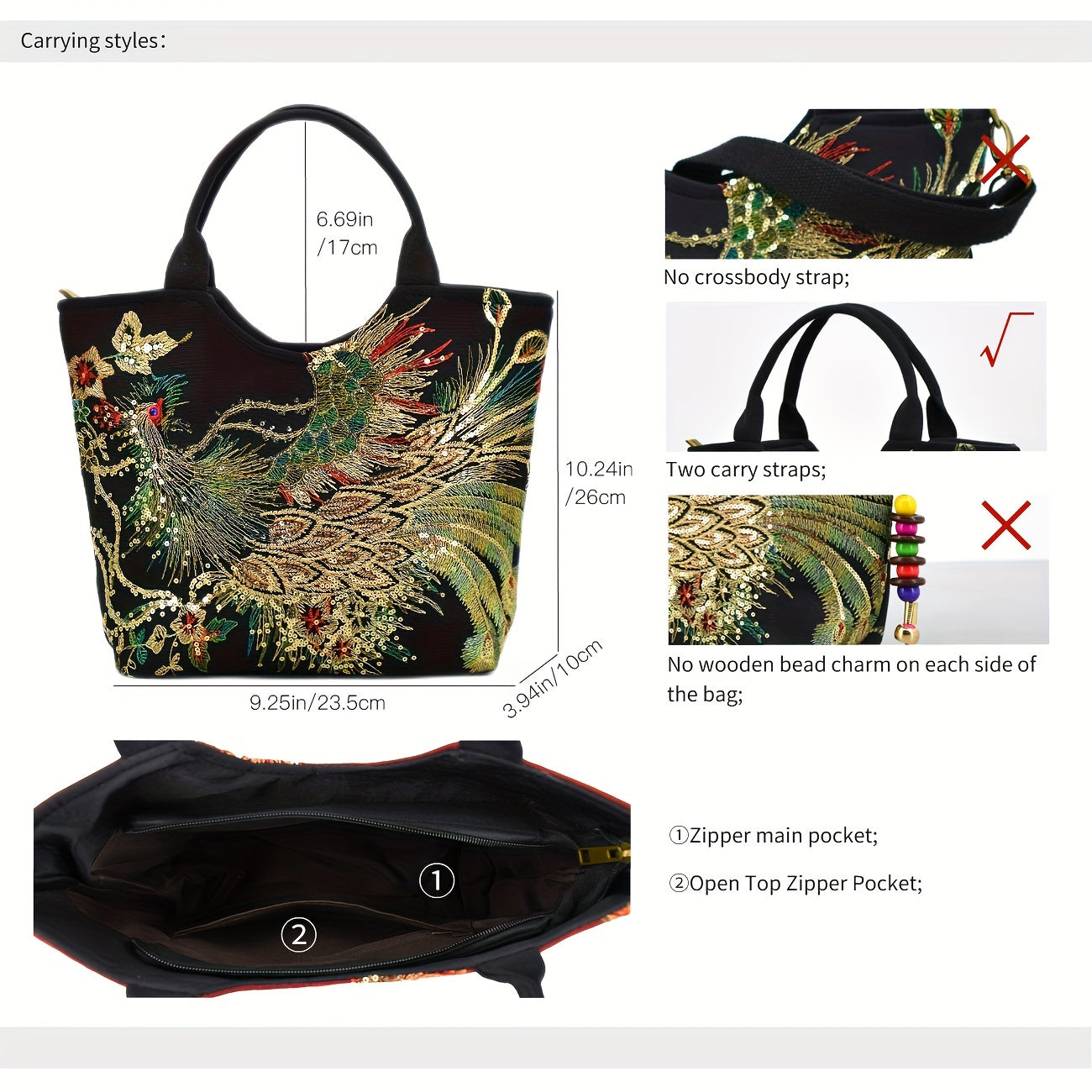 Women ' Embroidered Satchel Bag, Fashion Double Handle Purse, Retro Style Handbag with Removable Strap