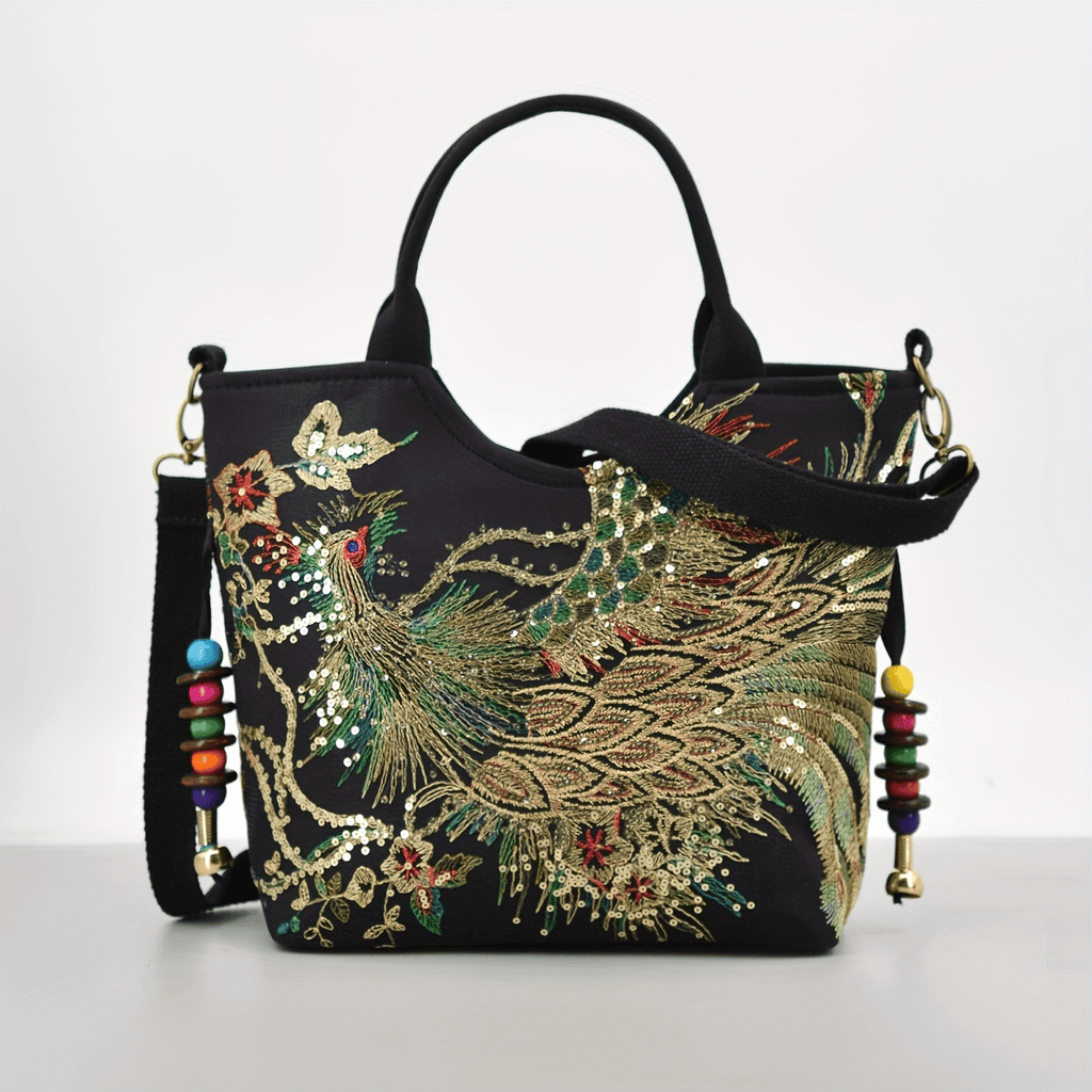 Women ' Embroidered Satchel Bag, Fashion Double Handle Purse, Retro Style Handbag with Removable Strap