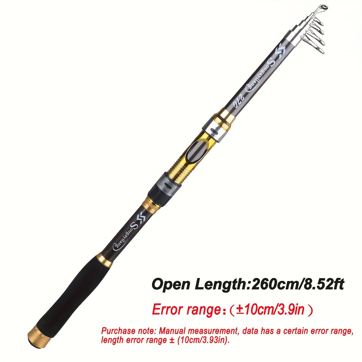 Sugaring Ultralight Carbon Fiber Spinning Fishing Rod - Portable, Medium Action, 6.72-9.84ft Extendable Length, Black & Golden with Comfort Grip Handle