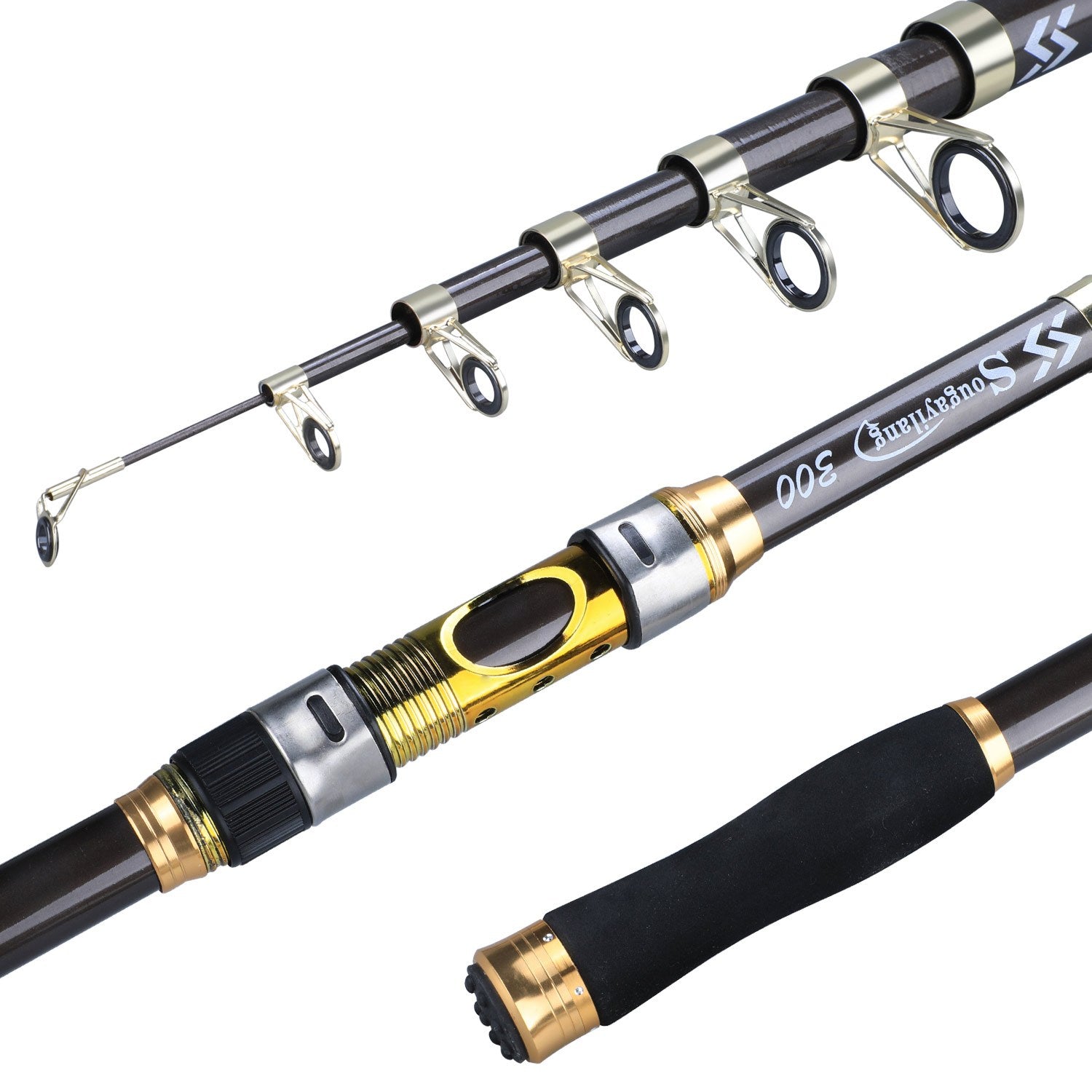 Sugaring Ultralight Carbon Fiber Spinning Fishing Rod - Portable, Medium Action, 6.72-9.84ft Extendable Length, Black & Golden with Comfort Grip Handle