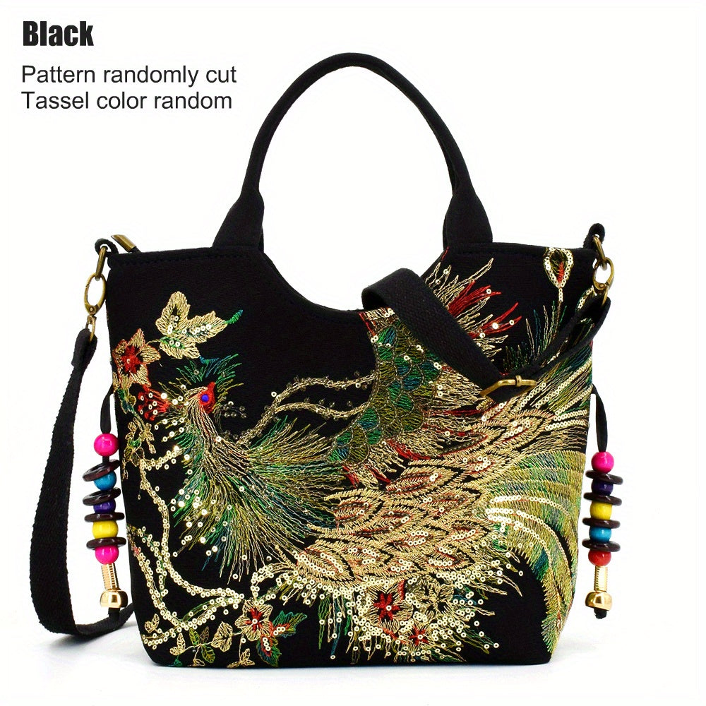 Women ' Embroidered Satchel Bag, Fashion Double Handle Purse, Retro Style Handbag with Removable Strap