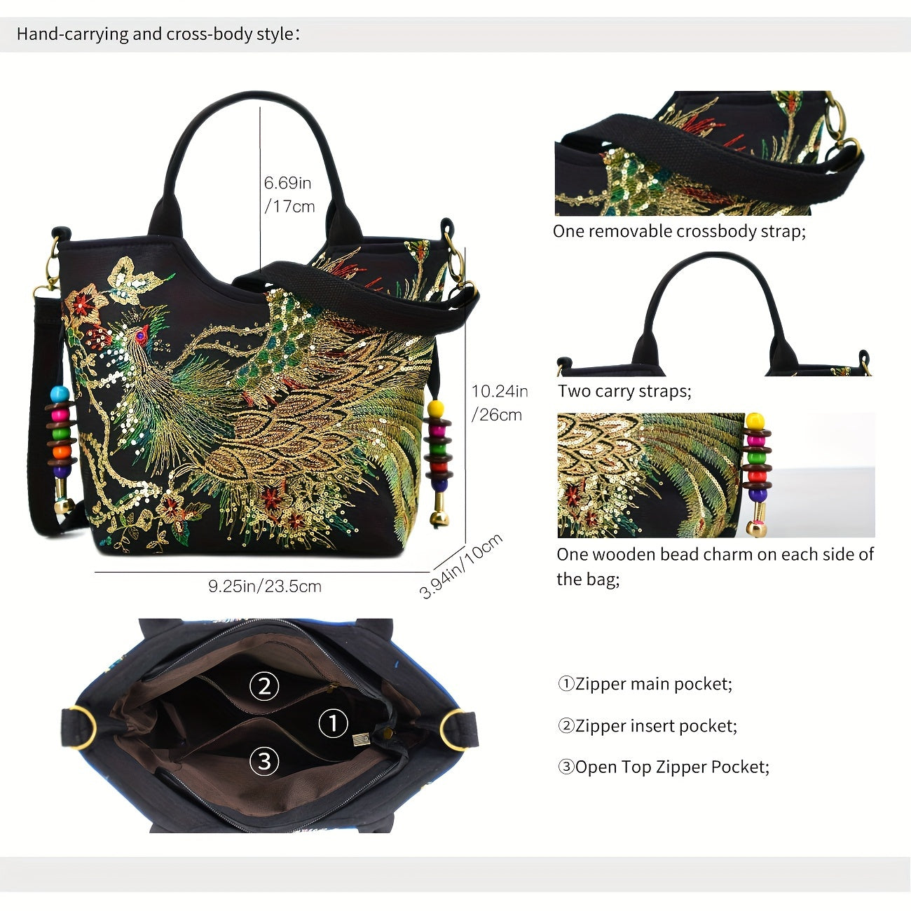 Women ' Embroidered Satchel Bag, Fashion Double Handle Purse, Retro Style Handbag with Removable Strap